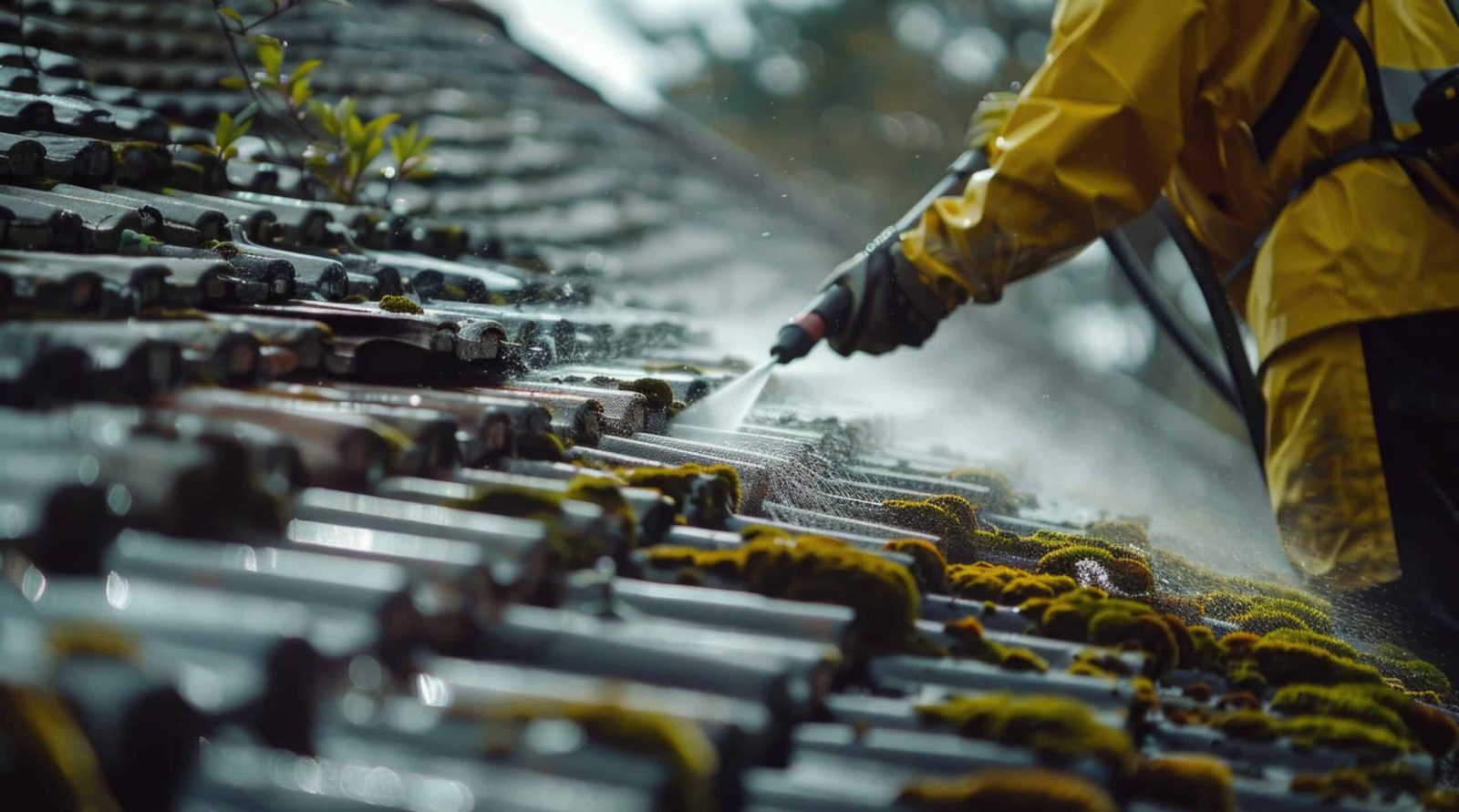A person in a bright yellow raincoat and pants is spraying water on a rooftop